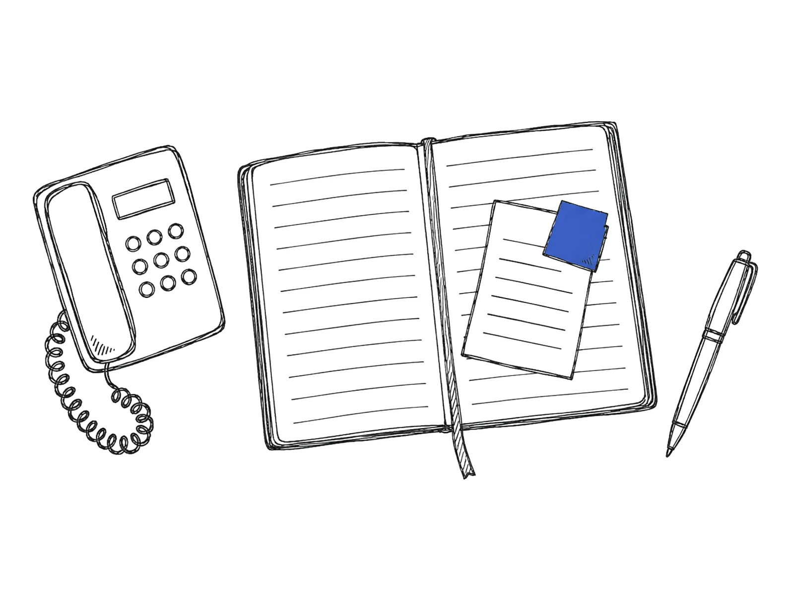 Ink sketch of a secretary's desk from above: an open diary, a desk phone and an enquiry slip with a blue sticky note.