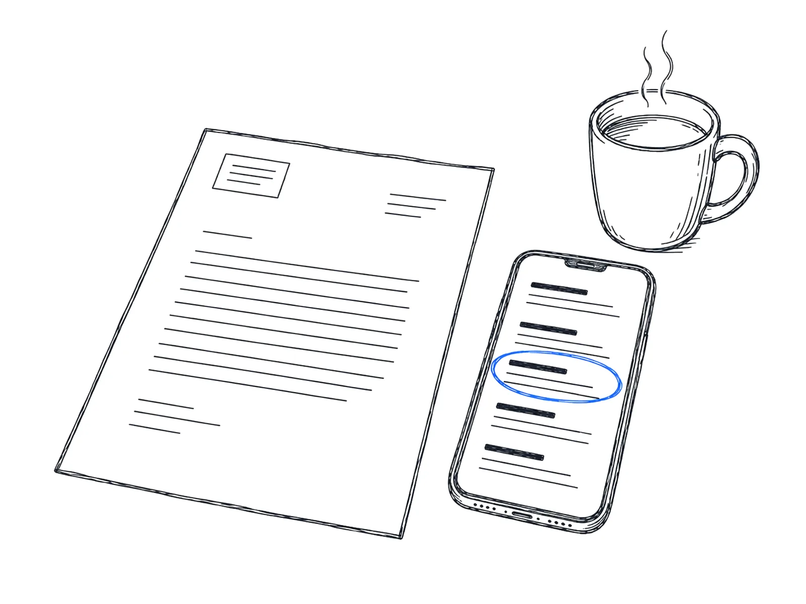Ink sketch of a referral letter beside a phone showing search results, one circled in blue.