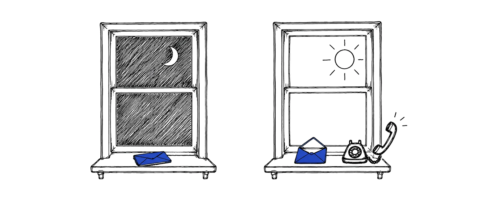 Ink sketch of the same window at night and in the morning, with a blue envelope on the sill and a phone handset lifted.