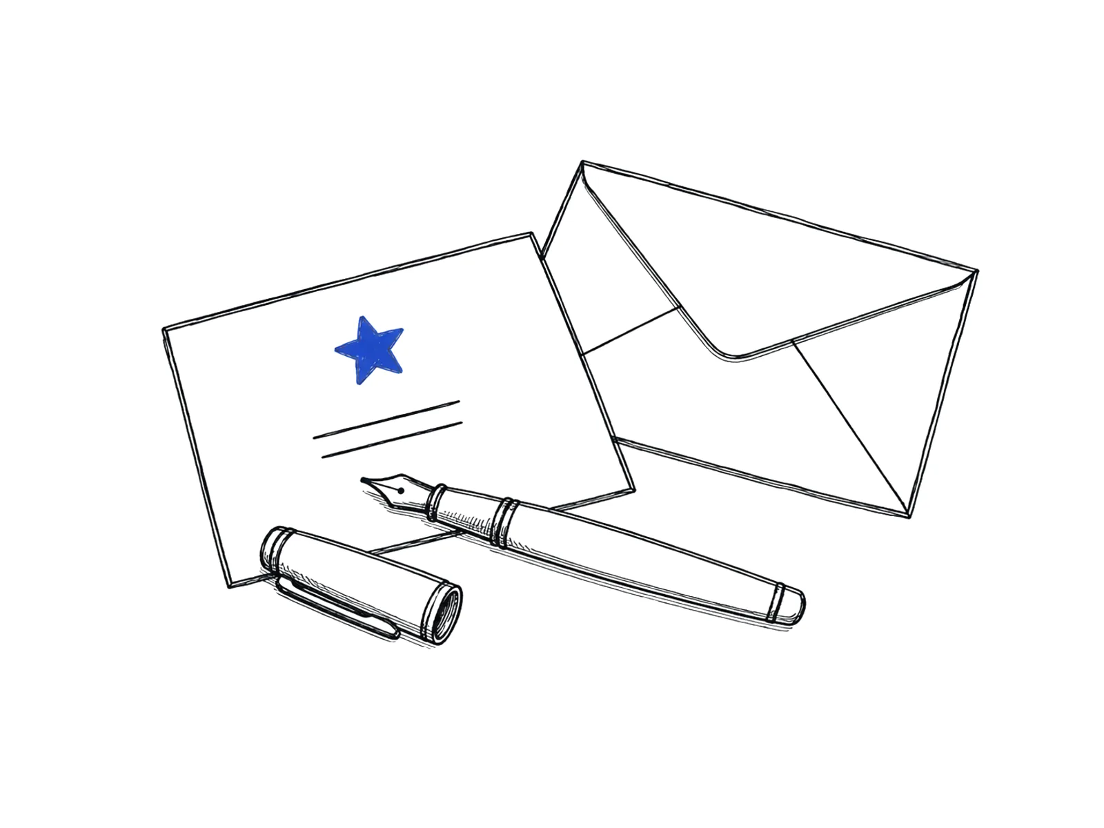 Ink sketch of a small card with a blue star doodled on it, a fountain pen across it.